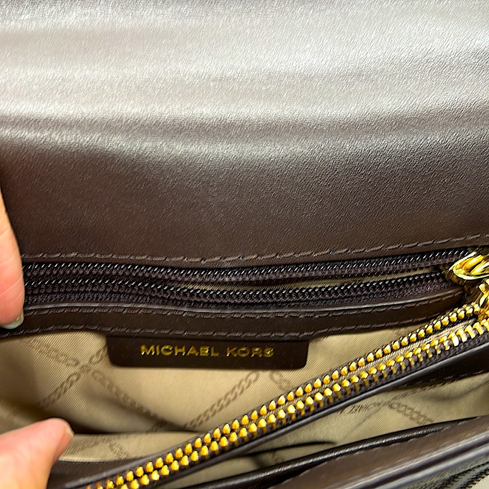 Michael Kors Authentic MK Logo Brown Leather Crossbody Purse Bag With Gold Chain - Picture 5 of 6